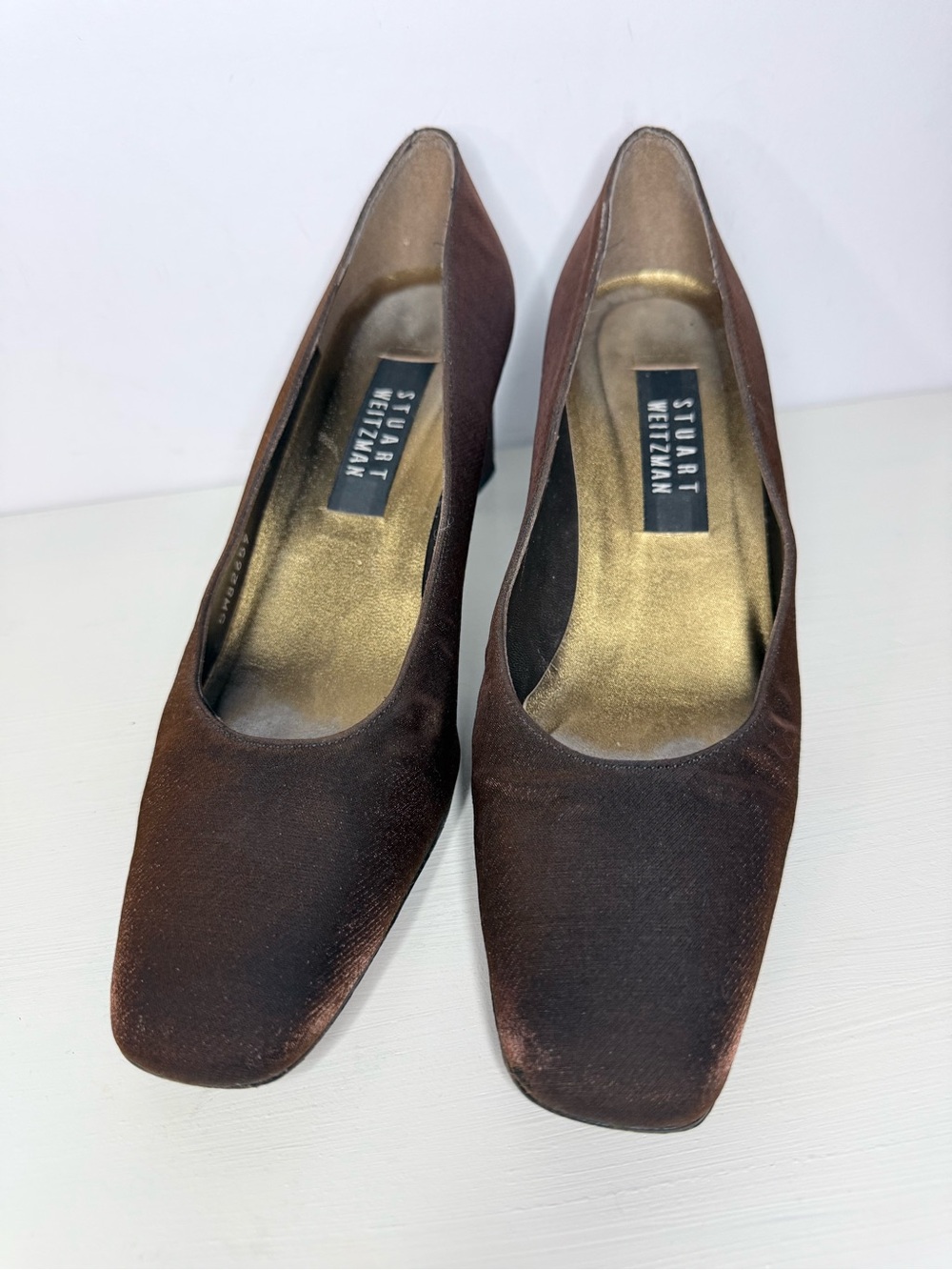 Vintage Stuart Weitzman Brown Square-Toe Satin Pumps Heels Size 9B